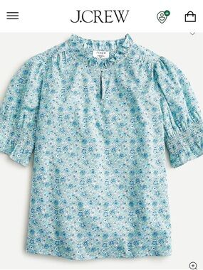 J. Crew Blue Floral Ruffle-Neck Puff Sleeve Top